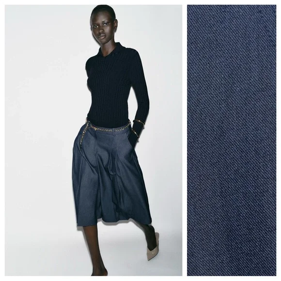 NWT. Zara Blue/Indigo High-Waisted Pleaded Long Shorts. Size S.
